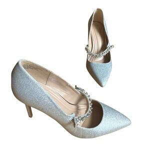 BCBG Generation Silver Glitter Heels with Rhinestone Strap sz 7
